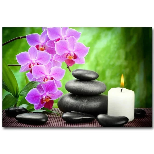 Tableau Zen Bambou et Pierres d'Eau Esprit Tibet Rose Éveil 20x30cm 
