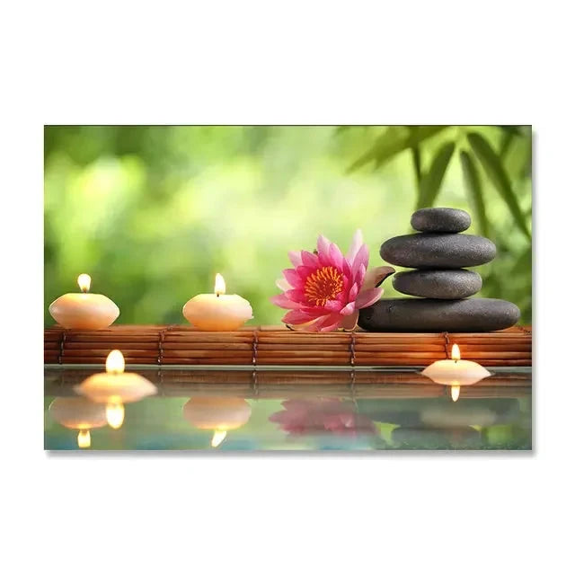 Tableau Zen Bambou et Pierres d'Eau Esprit Tibet Vert Bambou 20x30cm 