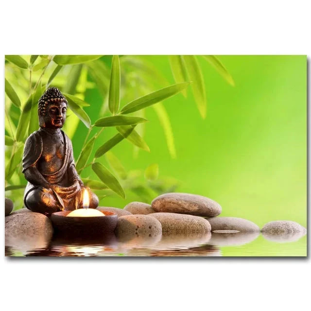 Tableau Zen Bambou et Pierres d'Eau Esprit Tibet Vert Cascade 20x30cm 