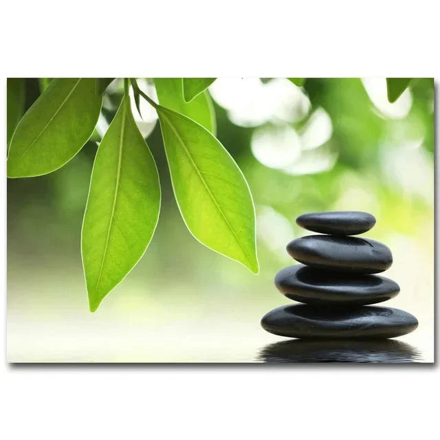 Tableau Zen Bambou et Pierres d'Eau Esprit Tibet Vert Harmonie 20x30cm 